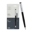 Parker Beta Premium Fountain Pen Refillable Chrome Trim Silver with Free Ink Cartridge (1 Count Ink – Blue)