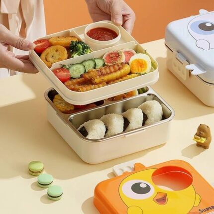 Kids 3-Compartment Stainless Steel Lunch Box with Chicken Cartoon Design & Spoon – Leakproof, BPA-Free