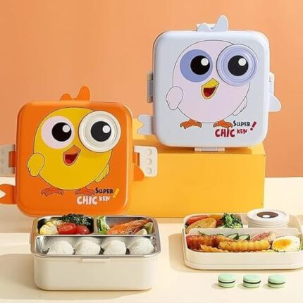 Kids 3-Compartment Stainless Steel Lunch Box with Chicken Cartoon Design & Spoon – Leakproof, BPA-Free