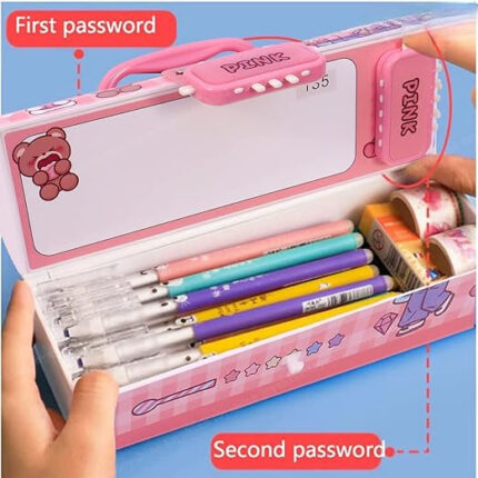 Girly Pink Pencil Box with Code Lock – Large Capacity Multi-Layer Pen Case with Secret Compartment