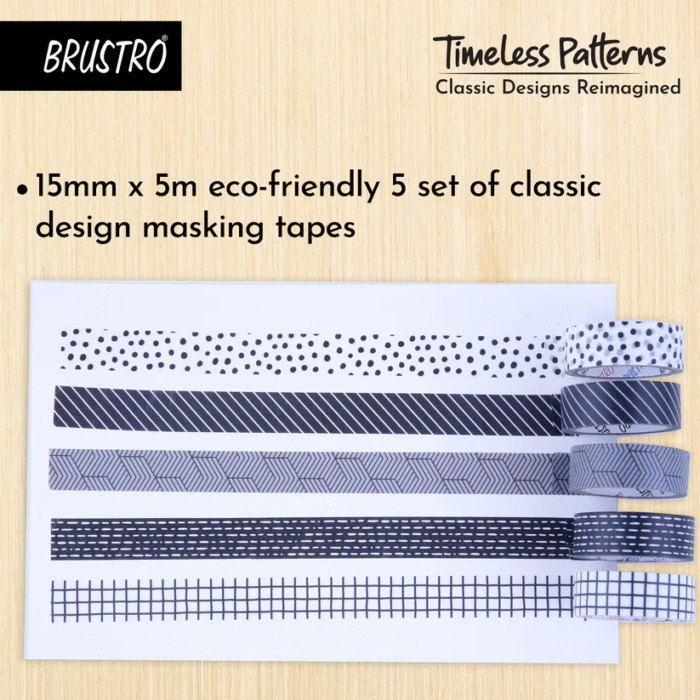 Brustro Timeless Patterns Washi Tape Set of 5 – 15mm x 5mtr