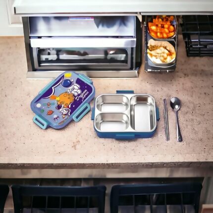 Space Lunch Box 750ml | 3 Compartment SUS304 Stainless Steel Tiffin for Kids | Leak-Proof School Lunch Container