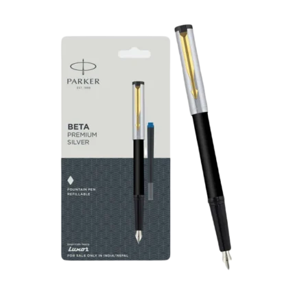 Parker Beta Premium Fountain Pen Refillable Chrome Trim Gold with Free Ink Cartridge (1 Count Ink – Blue)