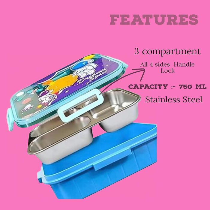 Space Lunch Box 750ml | 3 Compartment SUS304 Stainless Steel Tiffin for Kids | Leak-Proof School Lunch Container