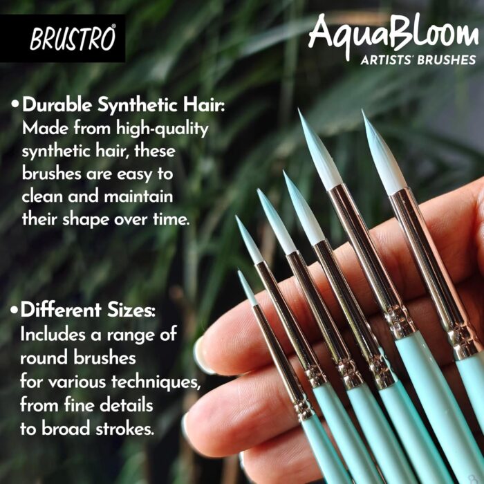 BRUSTRO AquaBloom Artist’s Paint Brushes | Round | Set of 6 – Sizes (0, 2, 4, 6, 8, 10)
