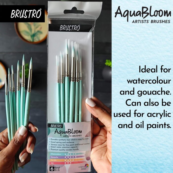 BRUSTRO AquaBloom Artist’s Paint Brushes | Round | Set of 6 – Sizes (0, 2, 4, 6, 8, 10)