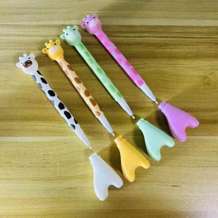 Pack of 4 giraffe-themed blue ink gel pens for kids – animal-shaped pens ideal for school use and birthday return gift ideas.