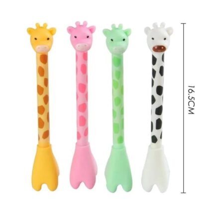 Giraffe cartoon gel pens in pink, green, yellow, and white – fun stationery items for kids and perfect birthday return gifts.