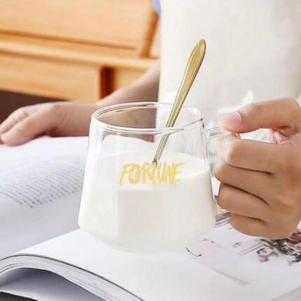 Golden Crown Shape Mug Tea-Coffee Mug Glass Cup with Handle, Stainless Steel Spoon