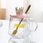 Golden Crown Shape Mug Tea-Coffee Mug Glass Cup with Handle, Stainless Steel Spoon