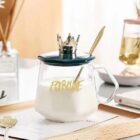 Golden Crown Shape Mug Tea-Coffee Mug Glass Cup with Handle, Stainless Steel Spoon