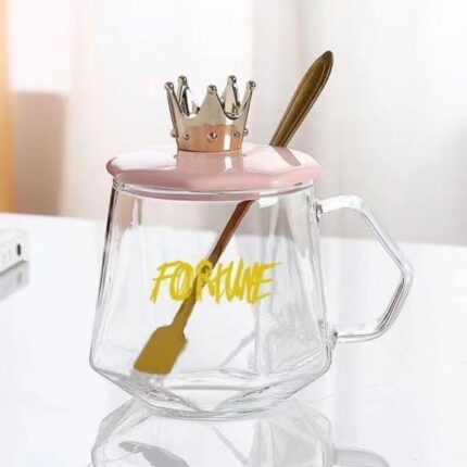 Golden Crown Shape Mug Tea-Coffee Mug Glass Cup with Handle, Stainless Steel Spoon