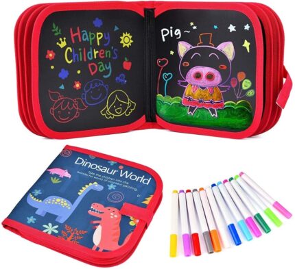 Dinosaur Erasable Doodle Book – Reusable Portable Soft Chalk Drawing Board for Kids | DIY Coloring & Painting Blackboard with 12 Color Chalks + 2 Wet Wipes