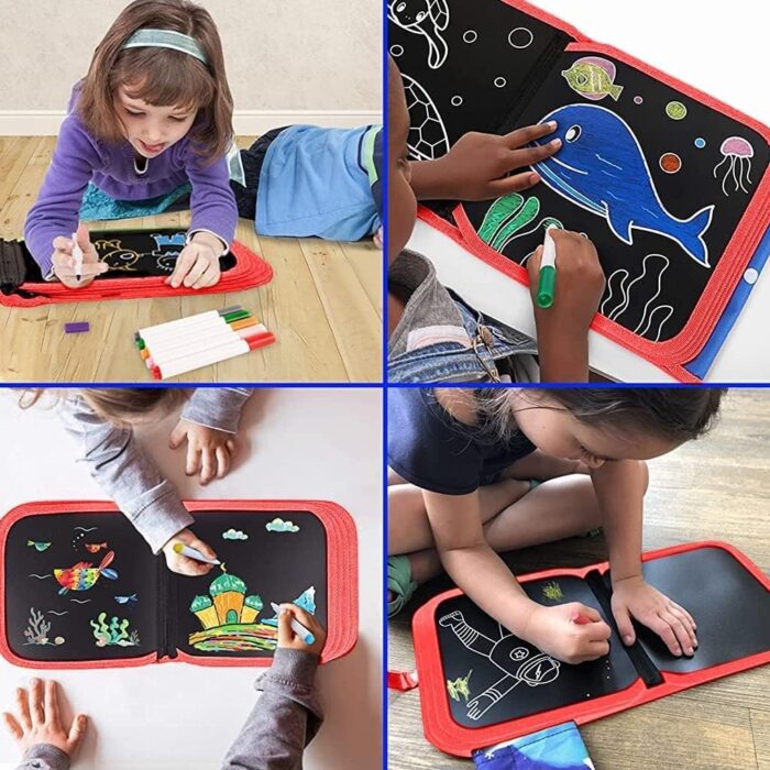 Dinosaur Erasable Doodle Book – Reusable Portable Soft Chalk Drawing Board for Kids | DIY Coloring & Painting Blackboard with 12 Color Chalks + 2 Wet Wipes