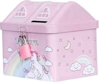 Unicorn House-Shaped Metal Coin Bank for Kids – Cute Piggy Bank with Lock & Key