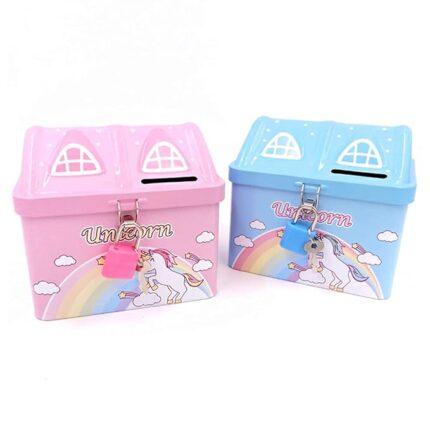Unicorn House-Shaped Metal Coin Bank for Kids – Cute Piggy Bank with Lock & Key