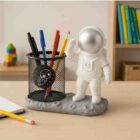 Astronaut Theme Pen Stand with Metal Mesh Holder – Cute Desk Organizer for Kids & Office