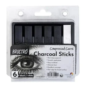 Brustro Artist Compressed Carré Charcoal Sticks Set of 6 5 Black + 1 White – Professional Drawing & Sketching Charcoal