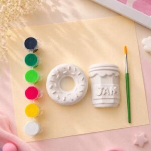 DIY Concrete Painting Kit for Kids – Donut & Jam Cup Figurines with Paints & Brush Creative Craft Activity Kit