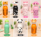 Cute Animal Water Bottle for Kids in seven cute animal themes including tiger, cow, cat, axolotl, dinosaur, panda and giraffe