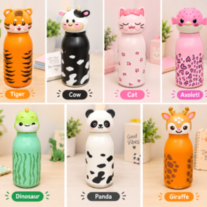 Cute Animal Water Bottle for Kids in seven cute animal themes including tiger, cow, cat, axolotl, dinosaur, panda and giraffe