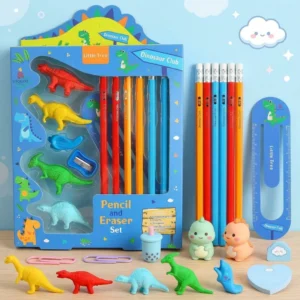 Dinosaur Stationery Set – HB Pencils, Dino Erasers, Sharpener & Ruler Bookmark | Return Gift for Kids